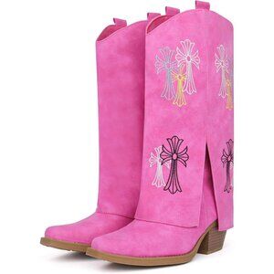Women's Synthetic Fuchsia Western Cowgirl Chunky Heel Mid Calf Embroidered Boots